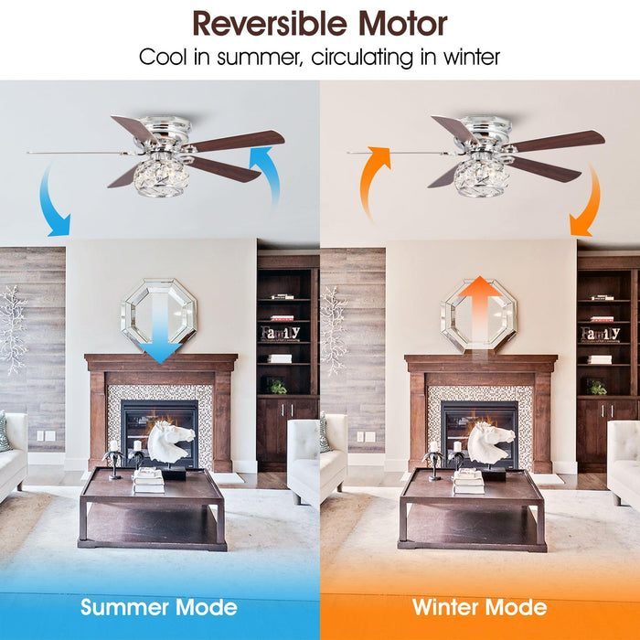 48" Modern Chrome Flush Mount Reversible Crystal Ceiling Fan with Lighting and Remote Control - Sweatfully