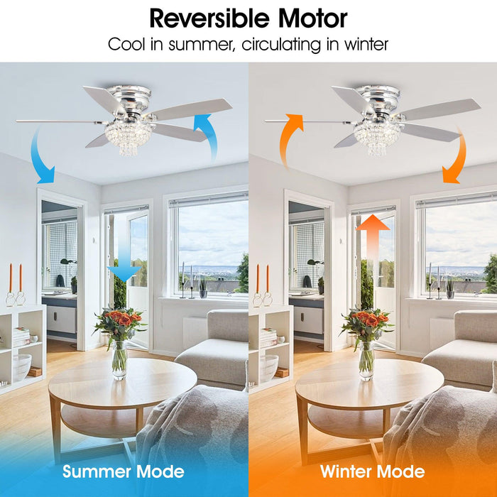 52" Kanpur Modern Chrome Flush Mount Reversible Crystal Ceiling Fan with Lighting and Remote Control - Sweatfully