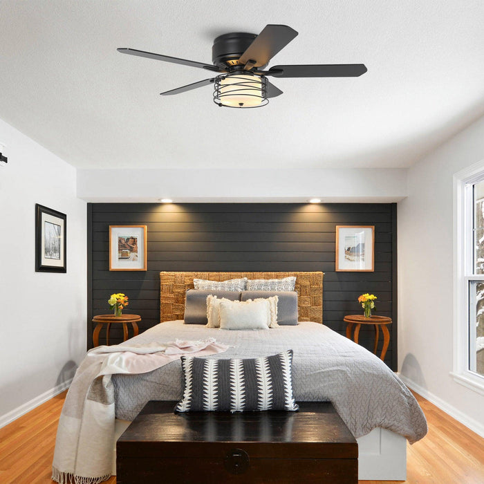 48" Athens Industrial Flush Mount Reversible Ceiling Fan with Lighting and Remote Control - Sweatfully