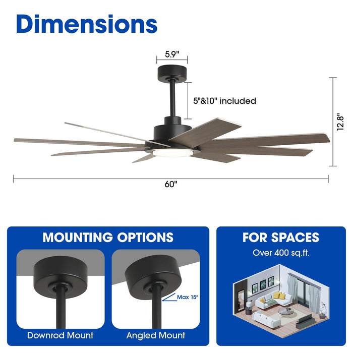 60" DC Motor 8 Blades Modern Downrod Mount Ceiling Fan with LED Light and Remote Control - Sweatfully