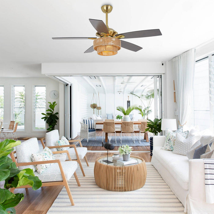 52 Inch Danube Farmhouse DC Motor Golden Downrod Ceiling Fan with Light - Sweatfully