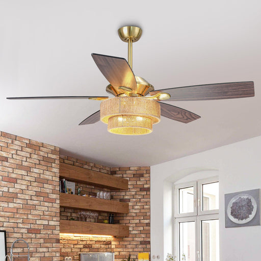 52 Inch Danube Farmhouse DC Motor Golden Downrod Ceiling Fan with Light - Sweatfully