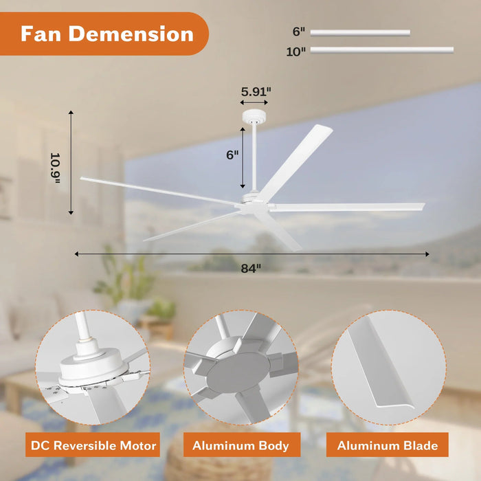 72 Inch 84 Inch Winni All-Aluminum IPX4 Outdoor Ceiling Fan with Remote Control - Sweatfully