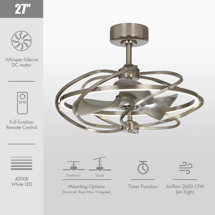 27" Bucholz Industrial DC Motor Brushed Nickel Downrod Mount Reversible Ceiling Fan with Lighting and Remote Control - Sweatfully