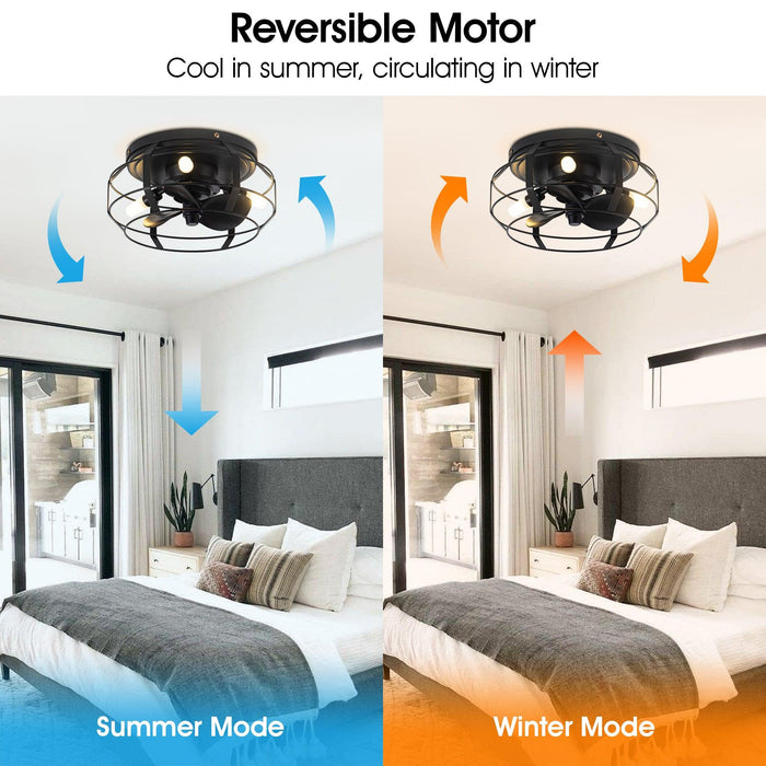 12" Flush Mount Low Profile Caged Small Ceiling Fan with Light and Remote Control - Sweatfully
