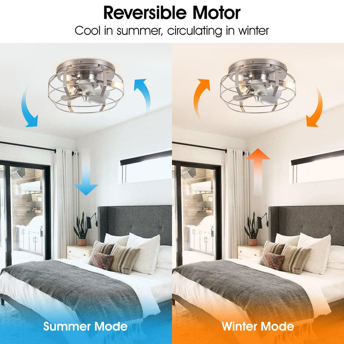 12" Flush Mount Low Profile Caged Small Ceiling Fan with Light and Remote Control - Sweatfully