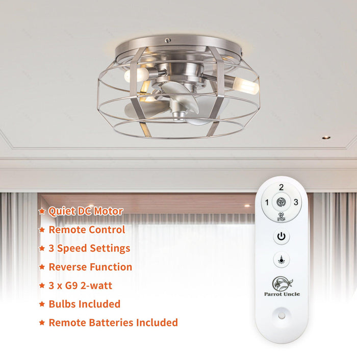 12" Flush Mount Low Profile Caged Small Ceiling Fan with Light and Remote Control - Sweatfully