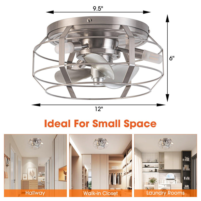 12" Flush Mount Low Profile Caged Small Ceiling Fan with Light and Remote Control - Sweatfully