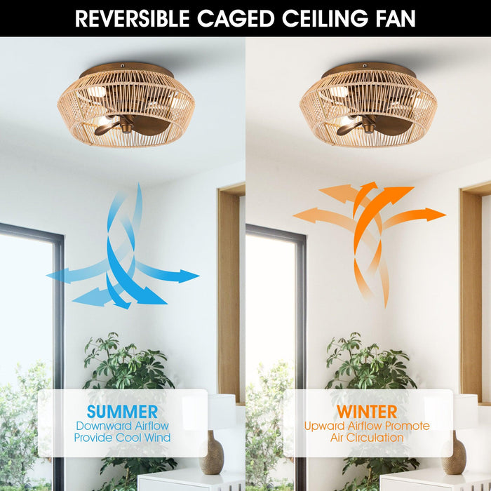 14" Farmhouse DC Motor Flush Mount Reversible Iron Ceiling Fan with LED Lighting and Remote Control - Sweatfully
