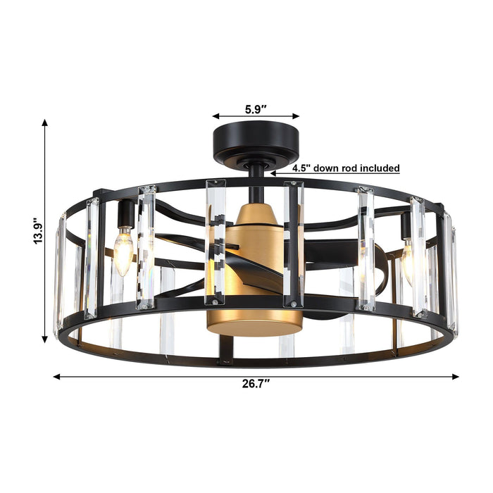 27" Modern DC Motor Downrod Mount Reversible Crystal Ceiling Fan with Lighting and Remote Control - Sweatfully