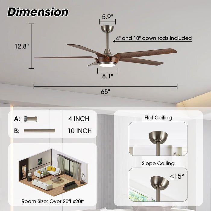 65" Fury Farmhouse DC Motor Downrod Mount Ceiling Fan with Lighting and Remote Control - Sweatfully