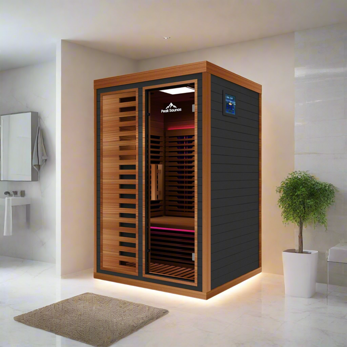 Peak Saunas Fuji 2-Person Indoor Full Spectrum Infrared Sauna with XL Medical-Grade Red Light Therapy & Smart WiFi App Control - Sweatfully