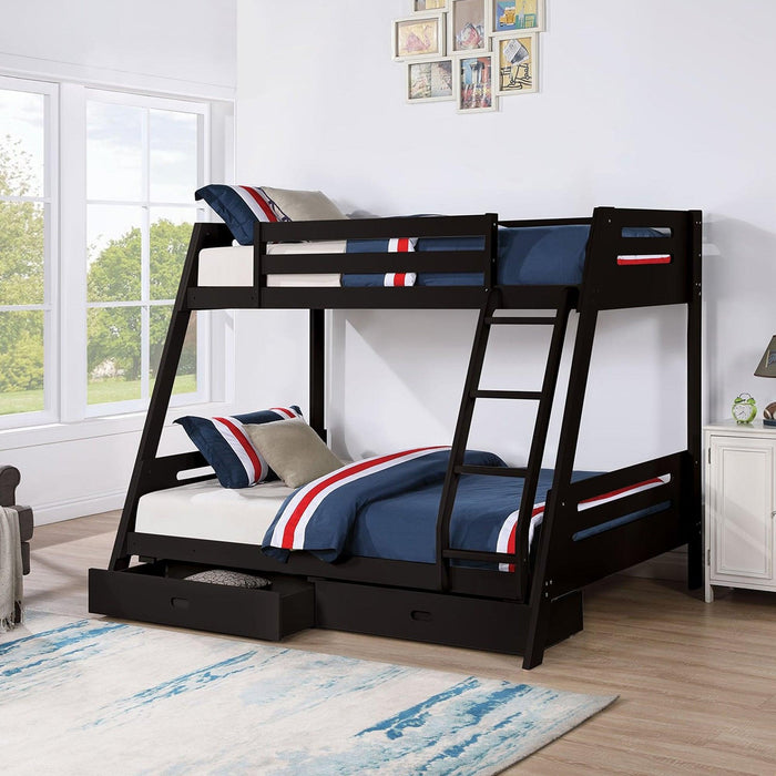 Solid Wood Twin / Full Bunk Bed with Reversible Angled Ladder and Underbed Drawers - Sweatfully