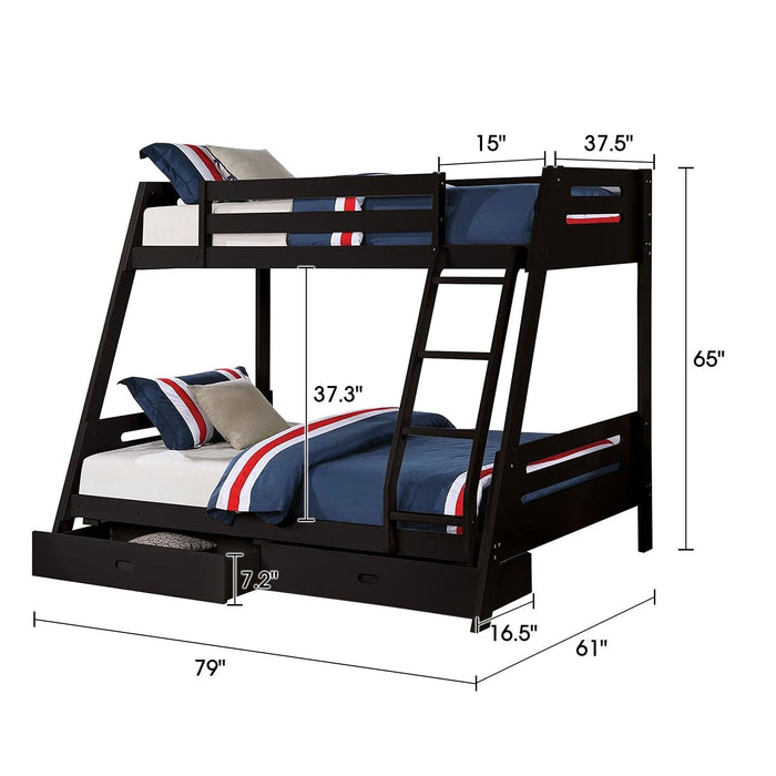 Solid Wood Twin / Full Bunk Bed with Reversible Angled Ladder and Underbed Drawers - Sweatfully