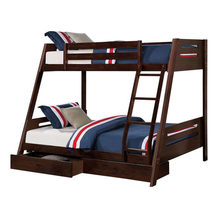 Solid Wood Twin / Full Bunk Bed with Reversible Angled Ladder and Underbed Drawers - Sweatfully