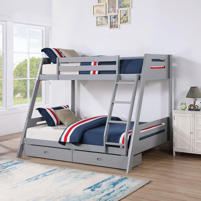 Solid Wood Twin / Full Bunk Bed with Reversible Angled Ladder and Underbed Drawers - Sweatfully
