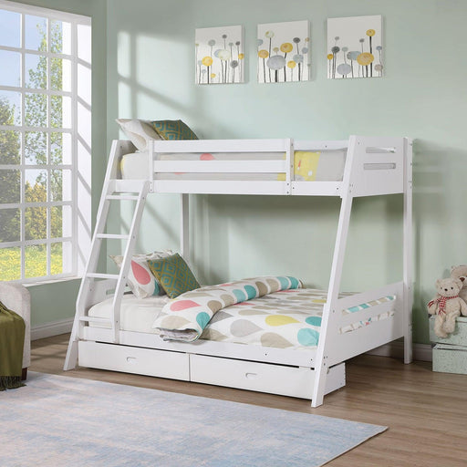 Solid Wood Twin / Full Bunk Bed with Reversible Angled Ladder and Underbed Drawers - Sweatfully