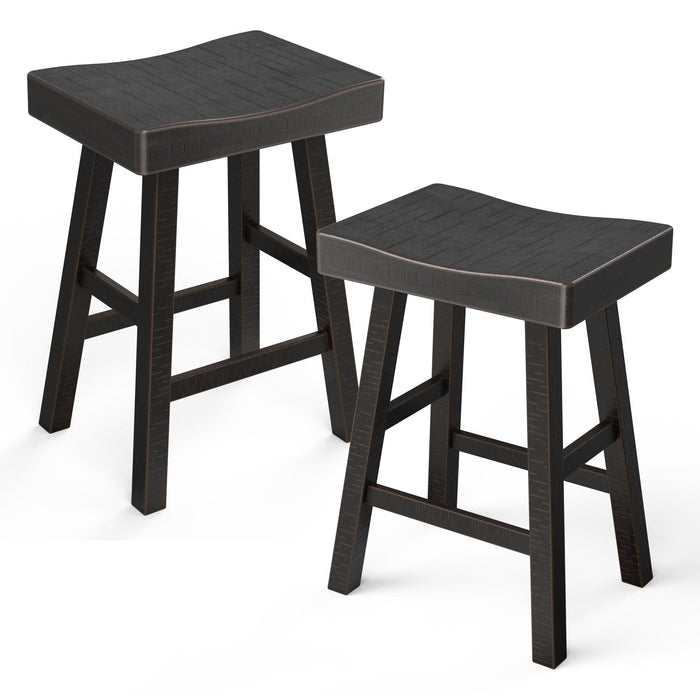 Set of 2 Farmhouse Solid Wood Bar Stools - Backless Saddle Seat Counter Height Chairs for Kitchen Island, Breakfast Nook & Home Office - Sweatfully