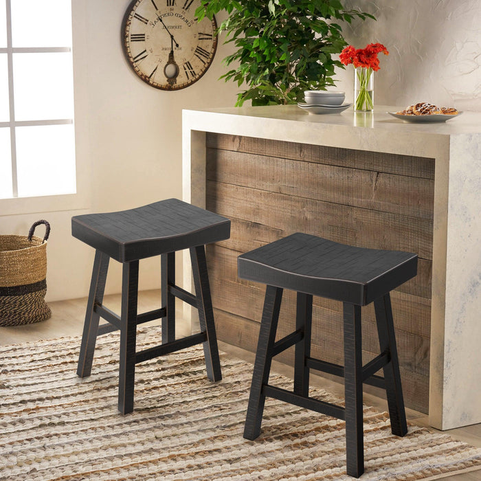 Set of 2 Farmhouse Solid Wood Bar Stools - Backless Saddle Seat Counter Height Chairs for Kitchen Island, Breakfast Nook & Home Office - Sweatfully