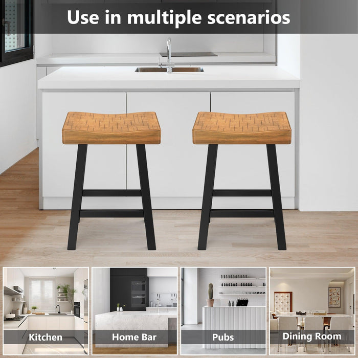 Set of 2 Farmhouse Solid Wood Bar Stools - Backless Saddle Seat Counter Height Chairs for Kitchen Island, Breakfast Nook & Home Office - Sweatfully