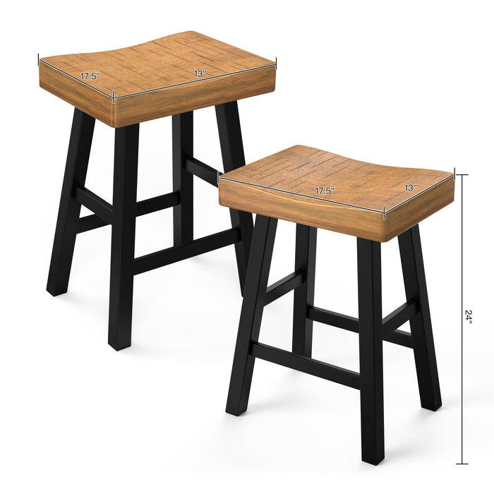 Set of 2 Farmhouse Solid Wood Bar Stools - Backless Saddle Seat Counter Height Chairs for Kitchen Island, Breakfast Nook & Home Office - Sweatfully