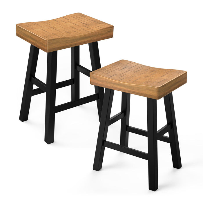 Set of 2 Farmhouse Solid Wood Bar Stools - Backless Saddle Seat Counter Height Chairs for Kitchen Island, Breakfast Nook & Home Office - Sweatfully