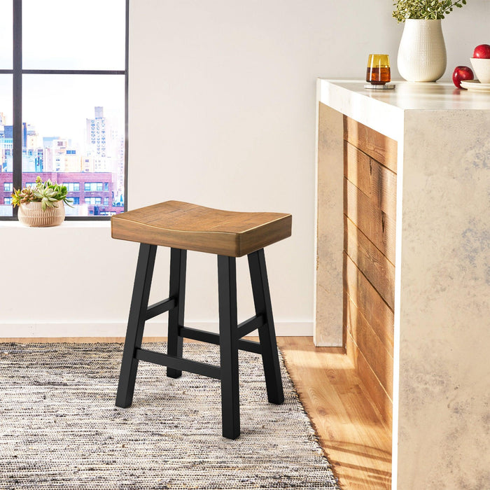 Set of 2 Farmhouse Solid Wood Bar Stools - Backless Saddle Seat Counter Height Chairs for Kitchen Island, Breakfast Nook & Home Office - Sweatfully
