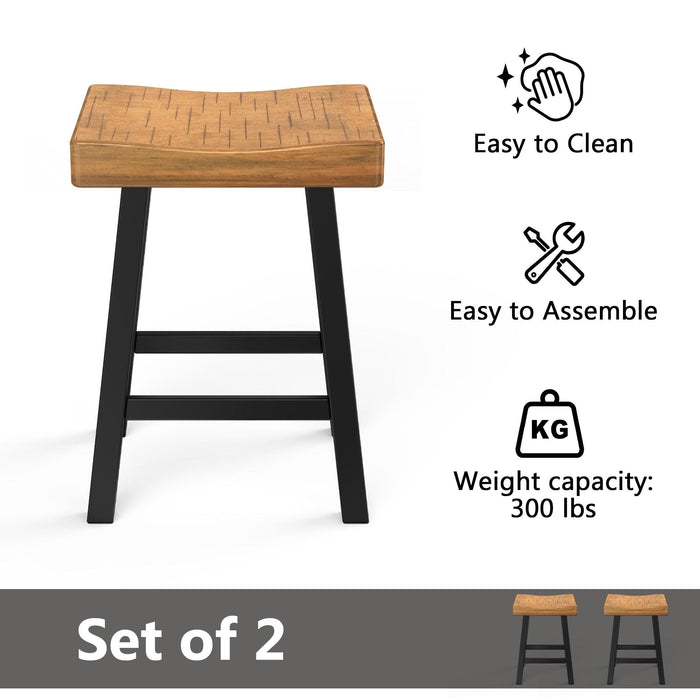 Set of 2 Farmhouse Solid Wood Bar Stools - Backless Saddle Seat Counter Height Chairs for Kitchen Island, Breakfast Nook & Home Office - Sweatfully