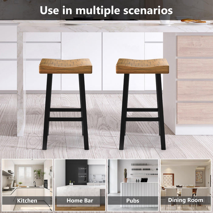 Set of 2 Farmhouse Solid Wood Bar Stools - Backless Saddle Seat Counter Height Chairs for Kitchen Island, Breakfast Nook & Home Office - Sweatfully