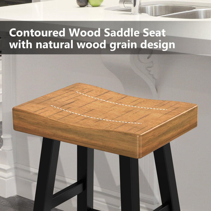 Set of 2 Farmhouse Solid Wood Bar Stools - Backless Saddle Seat Counter Height Chairs for Kitchen Island, Breakfast Nook & Home Office - Sweatfully