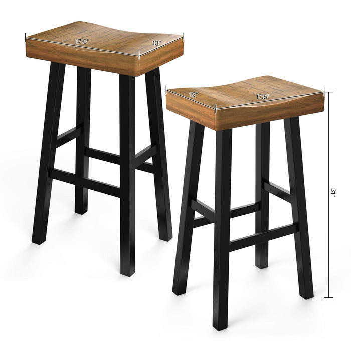 Set of 2 Farmhouse Solid Wood Bar Stools - Backless Saddle Seat Counter Height Chairs for Kitchen Island, Breakfast Nook & Home Office - Sweatfully