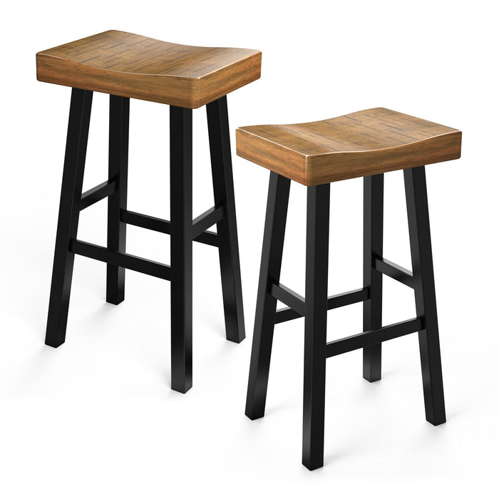 Set of 2 Farmhouse Solid Wood Bar Stools - Backless Saddle Seat Counter Height Chairs for Kitchen Island, Breakfast Nook & Home Office - Sweatfully