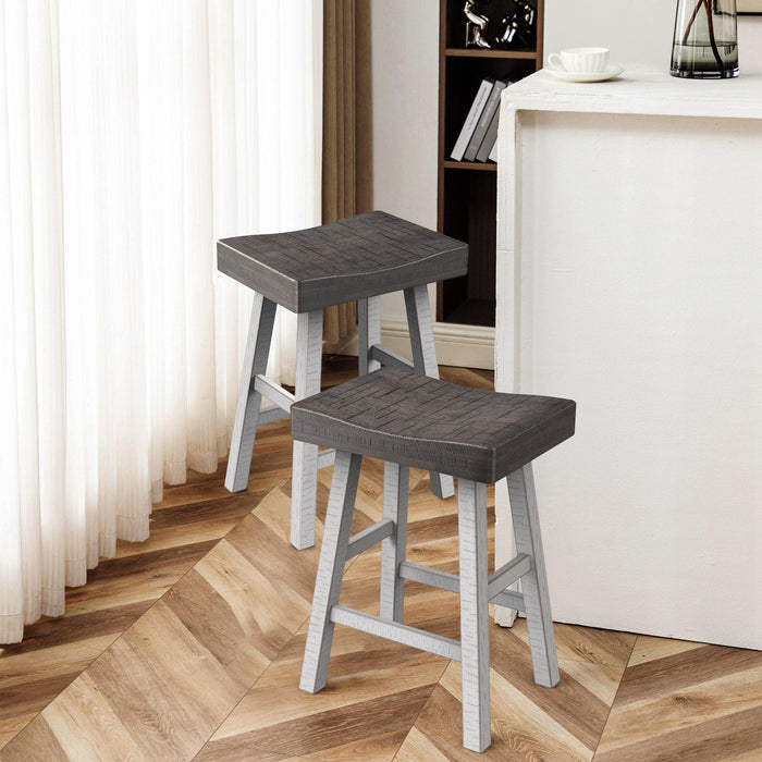 Set of 2 Farmhouse Solid Wood Bar Stools - Backless Saddle Seat Counter Height Chairs for Kitchen Island, Breakfast Nook & Home Office - Sweatfully