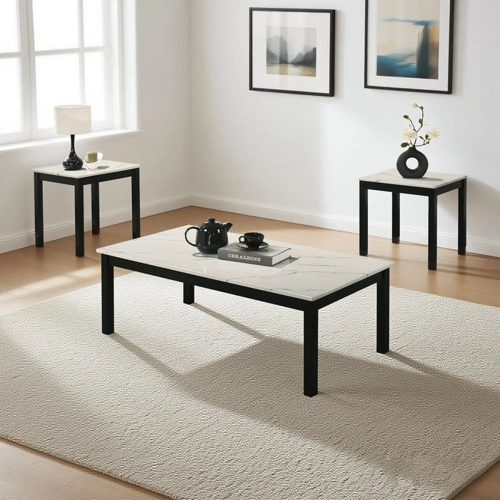 Findlay 3-Piece 47.5 in. Rectangle Faux Marble Top Coffee Table Set with Solid Wood Legs - Sweatfully