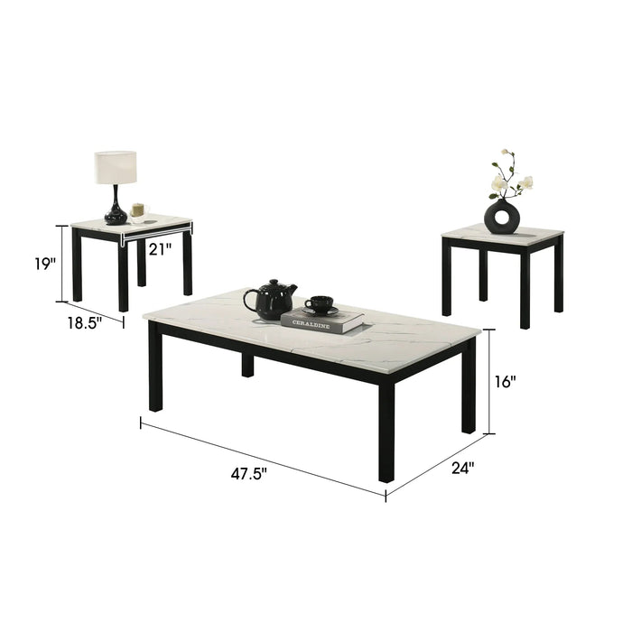 Findlay 3-Piece 47.5 in. Rectangle Faux Marble Top Coffee Table Set with Solid Wood Legs - Sweatfully