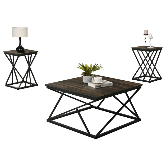 Borup Rustic 31.5" 3-Piece Coffee Table Set with Decorative Wrought Metal Side - Sweatfully