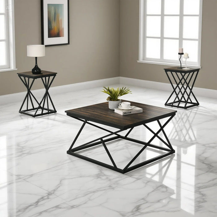 Borup Rustic 31.5" 3-Piece Coffee Table Set with Decorative Wrought Metal Side - Sweatfully