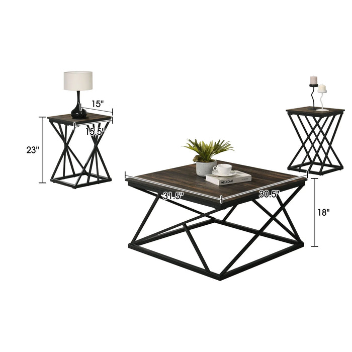 Borup Rustic 31.5" 3-Piece Coffee Table Set with Decorative Wrought Metal Side - Sweatfully