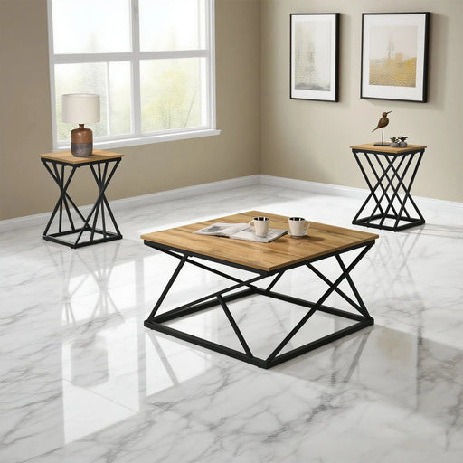 Borup Rustic 31.5" 3-Piece Coffee Table Set with Decorative Wrought Metal Side - Sweatfully
