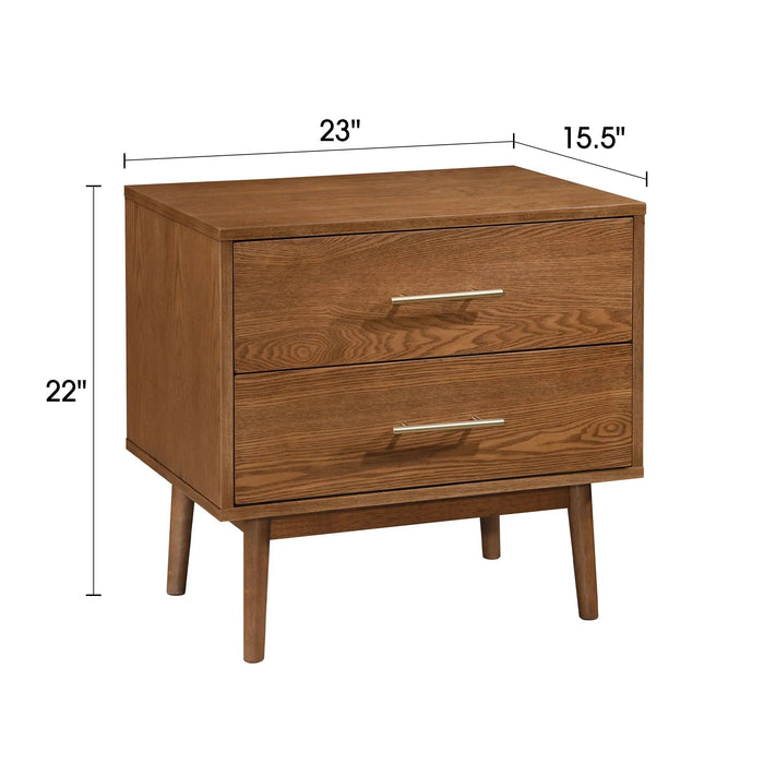 Tromso Mid-Century Modern 23" Walnut Nightstand with 2-Drawer and Round Tapered Legs - Sweatfully