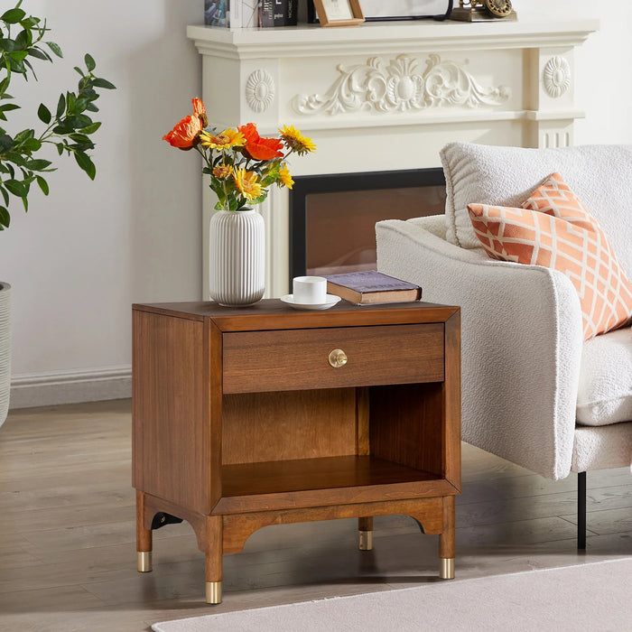 Hepburne Mid Century Walnut 1-Drawer 26 in. Nightstand with Touch Light - Sweatfully