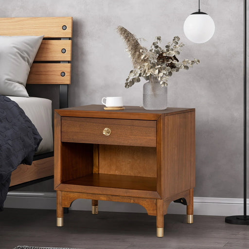 Hepburne Mid Century Walnut 1-Drawer 26 in. Nightstand with Touch Light - Sweatfully