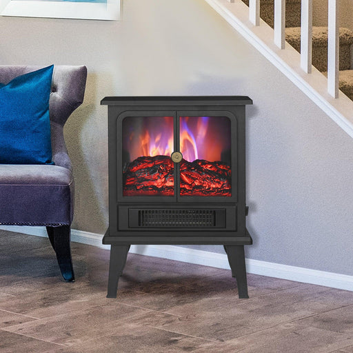 Black Electric Heater Free Standing Stove, 3D Flame Overheat Protection Adjustable Thermostat, 1500W - Sweatfully