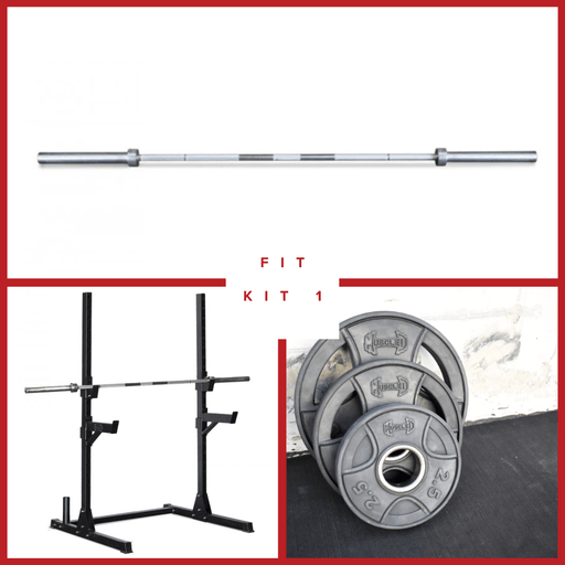 Compact Squat Stand Complete Weight Set - Muscle D Fitness - Adjustable Safety Guards - Vertical Bar Storage - Home Gym - Sweatfully