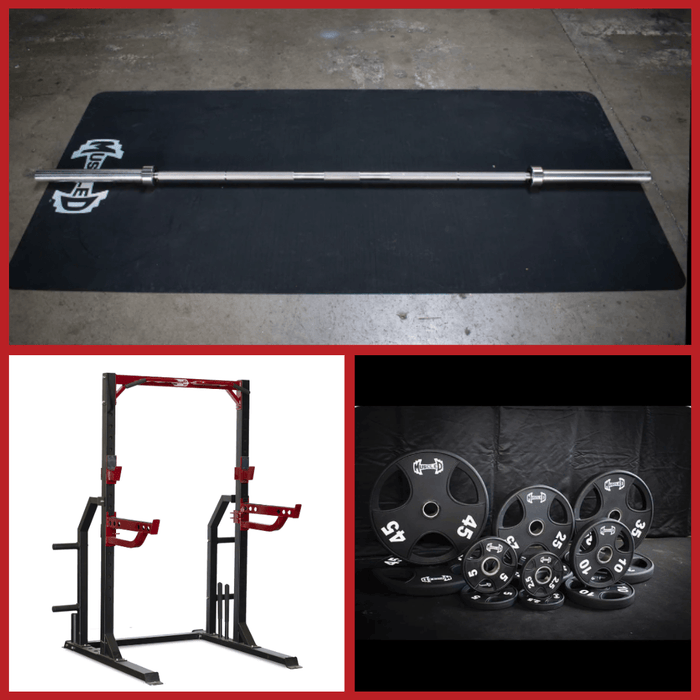 Compact Half Cage Complete Weight Kit - Muscle D Fitness - Storage Squat Rack Adjustable - Dip Handles - Sweatfully