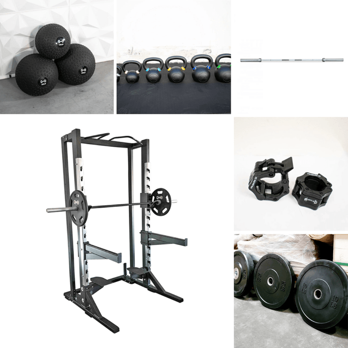 Deluxe Half Rack Complete Weight Set - Muscle D Fitness - Heavy Duty - Adjustable Safety Bars - Pull Up - Vertical Olympic Bar Storage - Sweatfully