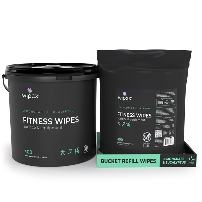 Wipex Natural Gym Wipes Starter Bundle | Dispenser Bucket with Refill | Plant-Based Wipes for Fitness Equipment - Sweatfully