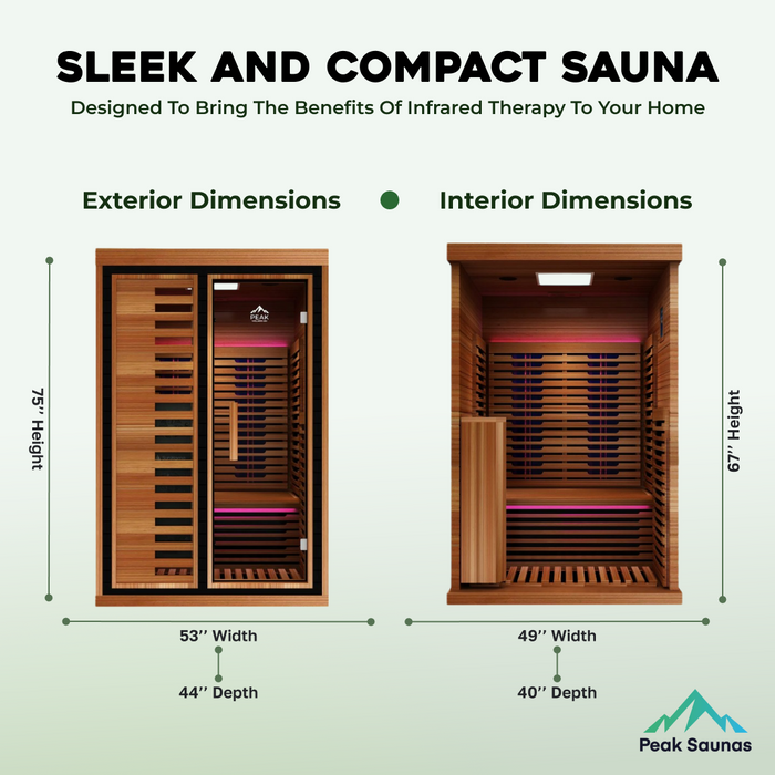 Peak Saunas Fuji 2-Person Indoor Full Spectrum Infrared Sauna with XL Medical-Grade Red Light Therapy & Smart WiFi App Control - Sweatfully
