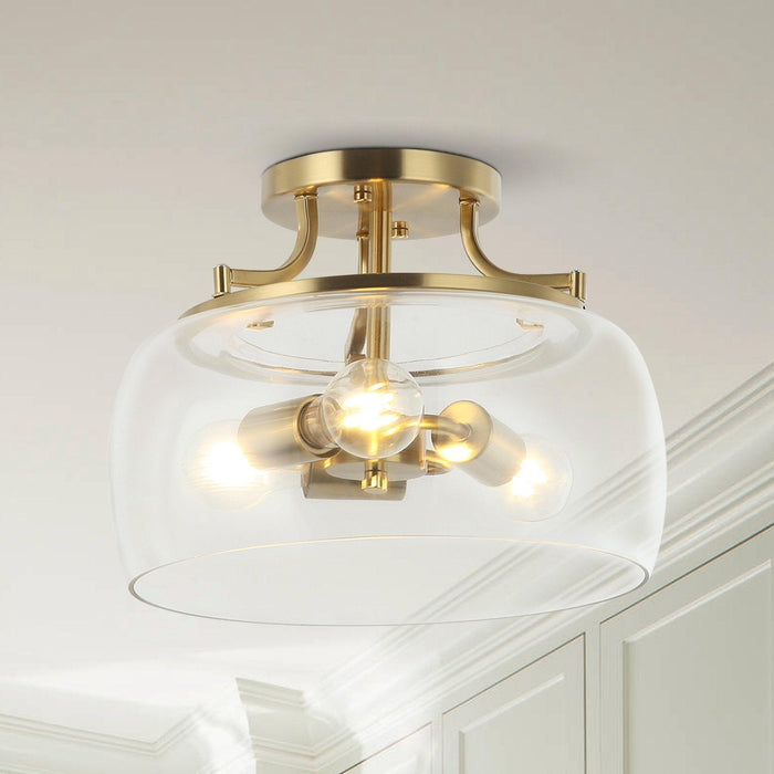 13 Inch 3-Light Brass Gold Semi-Flush Mount Ceiling Light Fixture with Clear Glass Shade - Sweatfully