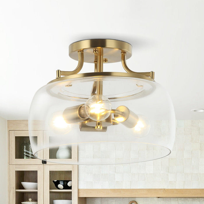 13 Inch 3-Light Brass Gold Semi-Flush Mount Ceiling Light Fixture with Clear Glass Shade - Sweatfully